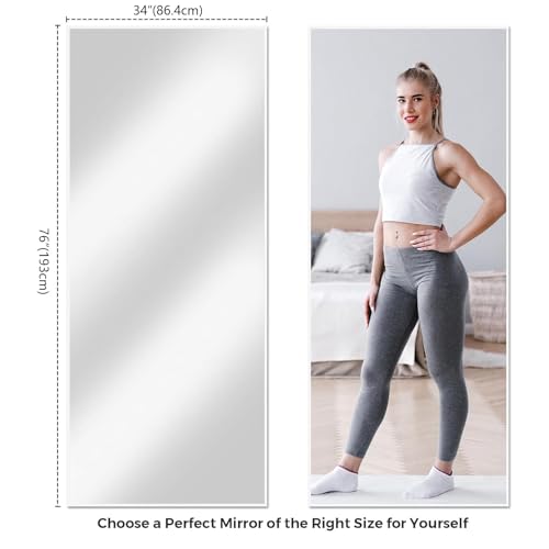 Koonmi Large Mirror Full Length 34"x76", Tempered Glass Floor Body Mirror with Stand, High Definition Imaging, Metal Frame, Hanging Leaning or Standing, Silver