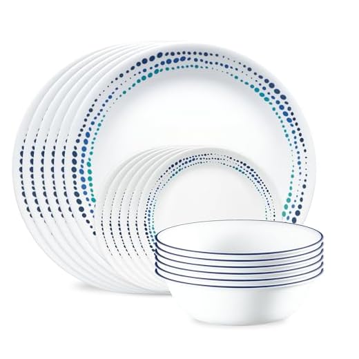 Corelle Vitrelle 18-Piece Service for 6 Dinnerware Set, Triple Layer Glass and Chip Resistant, Lightweight Round Plates and Bowls Set, Ocean Blue