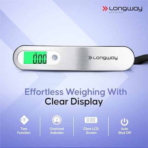 Image of Longway Traveltare Digital Portable Luggage Weighing Scale | LCD Display for Accurate Measurements | Lifetime Replacement | Weighing Scale for Home, Travel, Flights & Bags (Silver, 50 kg)