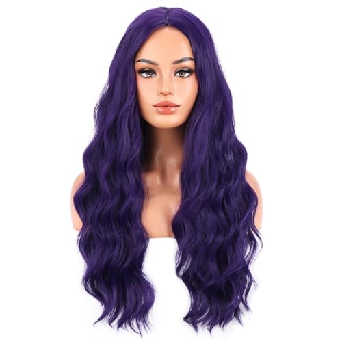 RightOn Long Wavy Charming Full Synthetic Wigs for Women Girls Natural Curly Wigs with Wig Cap (Dark Purple)