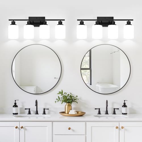 Image of Indoi 4-Light Bathroom Light Fixtures, Matte Black Modern Vanity Lights with Milky White Shades, Bathroom Wall Lamp for Mirror Living Room Cabinet Bedroom Porch