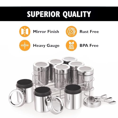 Image of STEEPLE Squre Plus Stainless Steel Masala Box | Spice Box with See-Through Lid | Masala Dani for Kitchen | 9 Containers for Organized Spice Storage, 190ml Each Container, Silver