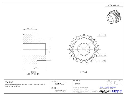Boston Gear Yb205/8 Spur Gear, Steel, Inch, 16 Pitch, 0.625" Bore, 1.375" Od, 0.750" Face Width, 20 Teeth #TOP3