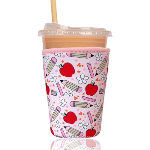 Image of Reusable Insulated Sleeve for Iced Coffee Cup, Coffee Neoprene Sleeve for Cold & Hot Drinks, Beverage Holder for Iced Coffee (Teacher Treasure, Medium: 22-24oz)