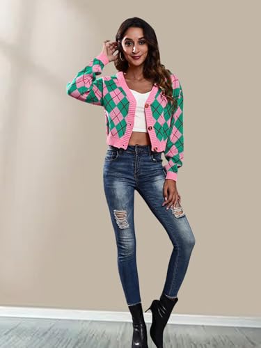 Image of Wowcarbazole Women's Knit Cardigan Sweaters Long Sleeve Argyle Open Front Button Down V Neck Cropped Coats Casual Trendy Tops(Pink Green-L)
