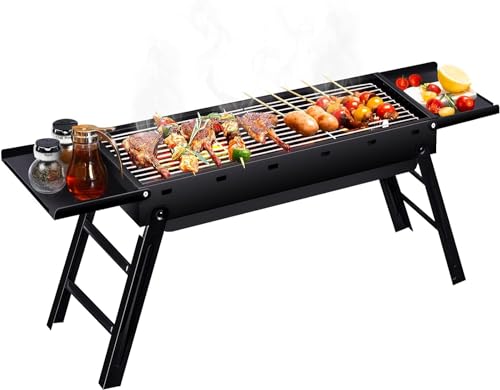 Newthinking Portable Charcoal BBQ Grill, Stainless Steel Folding Charcoal Barbecue Grill with Expansion Tray, Portable Folding BBQ Grill for Camping Picnic Garden Terrace Travel