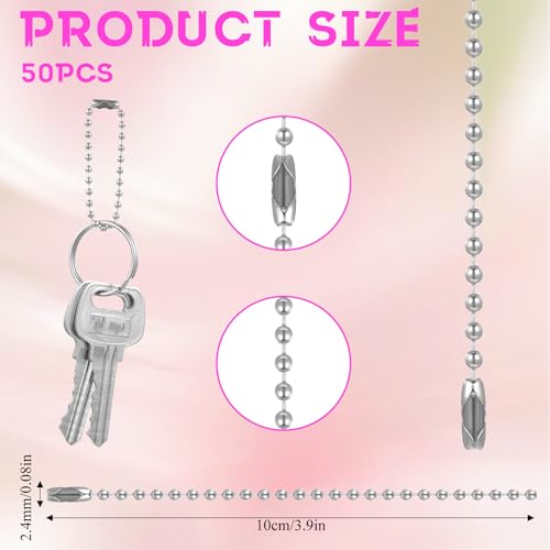 50 Stück Kugelkette 10cm Schlüsselanhänger Kette Edelstahl Perlen Rollenkette 2.4 mm Metall Hängekette Kugelkette mit Verschluss für Dog Tag Kette DIY Schmuckherstellung Schlüsselanhänger Basteln