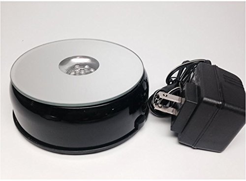 SunRise Crystal Silver Mirrored Top 7 LED Rotating Display Base White Lights w/Adapter, 4-Inches (Black)