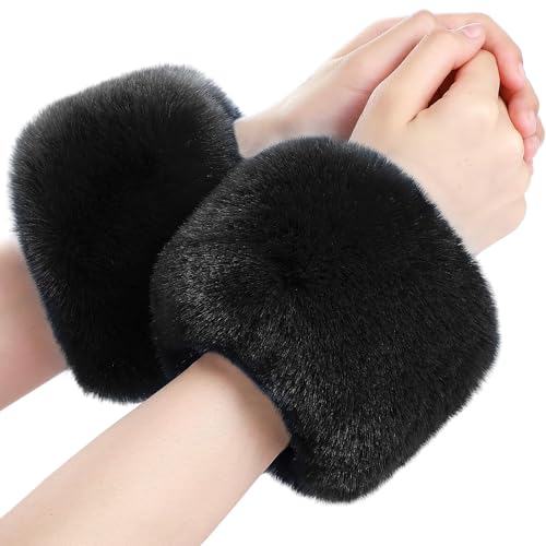 SATINIOR Faux Fur Short Wrist Cuff Winter Fuzzy Wrist Cuff Warmers for Women Girls Favors(Black)