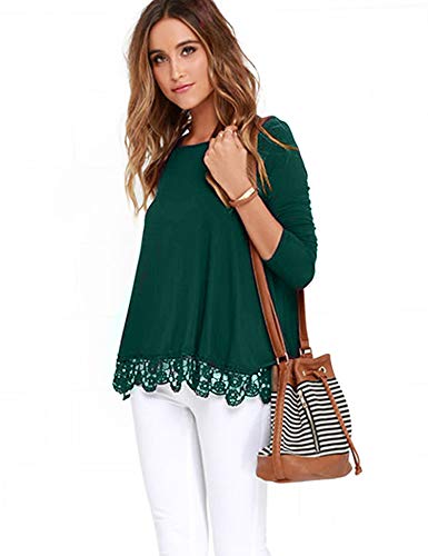 DOSWODE Womens Tops Long Sleeve Lace Trim O-Neck A-Line Tunic Blouse Shirts Green XL