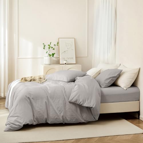 JIYUAN 100% Washed Cotton Duvet Cover Set 3 Pieces Full, 1 Duvet Cover 80x90 Inches(Comforter Not Included) and 2 Pillowcases,Linen Feel Bedding Set Comfy and Breathable, Heathered Pastel Grey