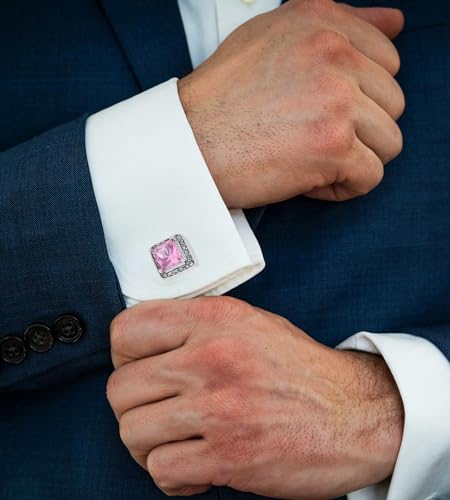 Pink Crystal Square Silver Cufflinks for Men Lady In Gift Case Classic Faceted Gemstone Men's Cufflinks Jewelry Set for Wedding Anniversary Business Party Events Tuxedo Dress2