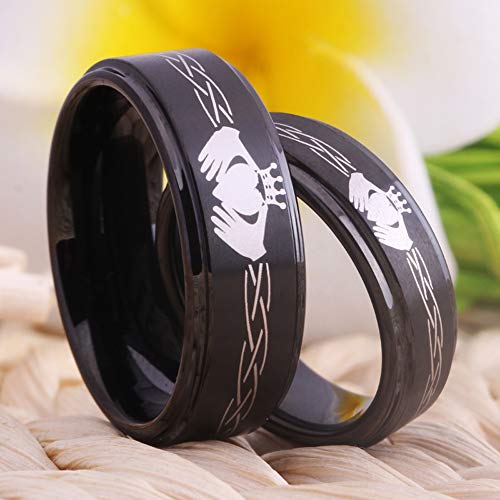 6mm/8mm Width Lover's Black Step Tungsten Carbide Brushed Surface Comfort Fit Classic Claddagh Design Ring - Sizes 5-153