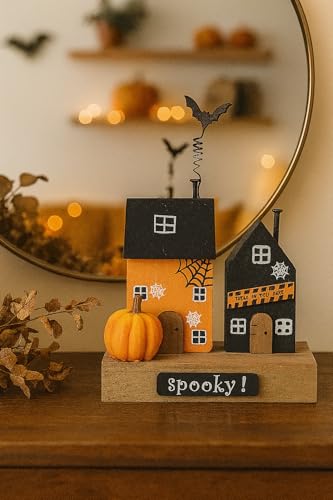Heaven Sends Decorative Wooden Spooky Haunted House - Black/Orange - 14cm x 10cm x 6cm - Halloween Decoration Autumn Pumpkin Themed Décor - Perfect for Home, Kitchen, Living Room, Tabletop