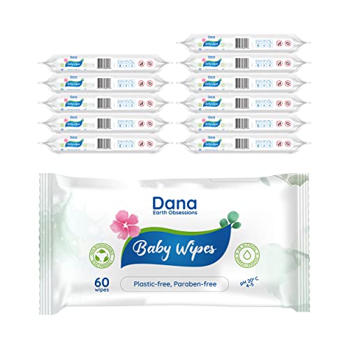 Dana Toallitas húmedas para Bebé con agua purificada para limpiar la piel y el cuerpo sensibles recién nacidos, no plástico, biodegradable, sin alcohol ni parabenos, paquete de 12 x 60