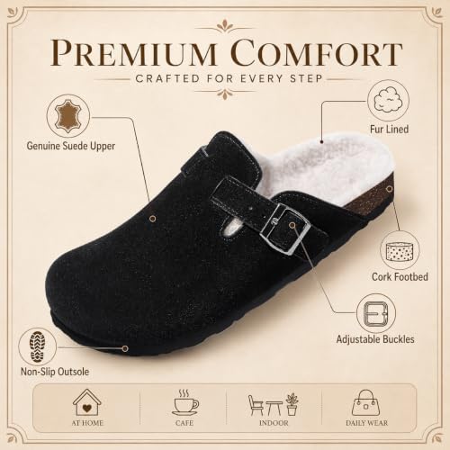 Image of KIDMI Women's Fur Lined Genuine Suede Clogs Fuzzy Cork Footbed Potato Shoes | Adjustable Metal Buckle, Non-slip Rubber Soles, Cushioning, Cozy and Warm, Supportive, Indoor, Outdoor, Winter, Casual