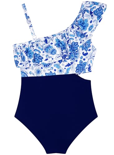Image of Alakuoti Girls One Piece Swimsuits Cutout Ruffle Bathing Suit Quick Dry Beach Swimwear with Adjustable Strap 5-14 Years