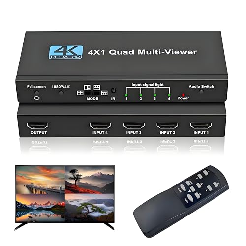 HDMI Multi Viewer 4X1, Conmutador Sincronizado 4 en 1 Salida, Conmutador Quad Multi Viewer con Control Remoto IR, Soporta 4K 30Hz, 1080P@60Hz, 5 Modos de Visualización para Cámara, Consolas de Juegos