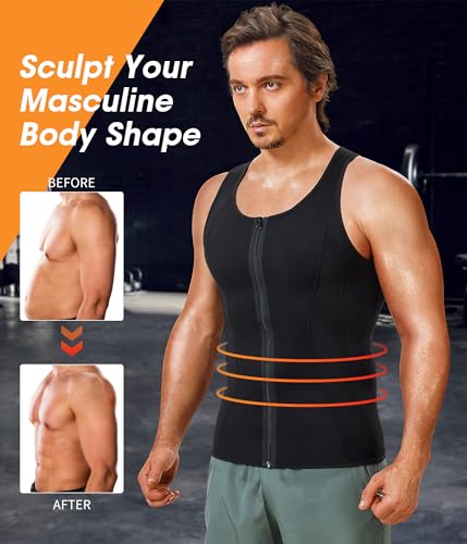 BRABIC Hot Sauna Sweat Suits,Zipper Closure Tank Top Shirt for Weight Lost,Waist Trainer Vest Slim Belt Workout Fitness-Breathable, Neoprene Fabric (Black Sauna Tank Top, L) - Thumbnail 3