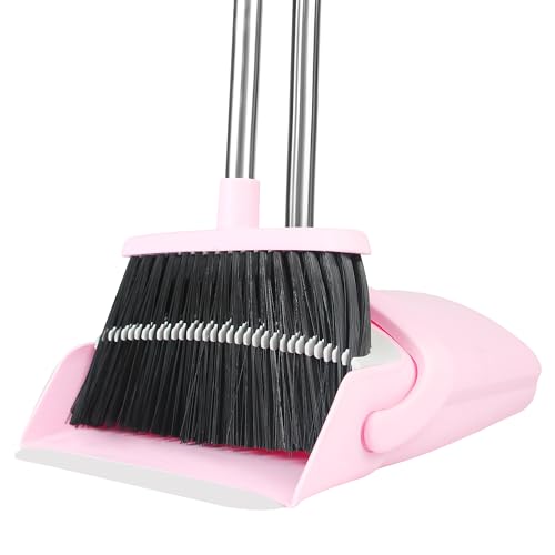 BSKLIN Pink Broom and Dustpan Set, 52-in Handle Broom Dustpan Combo Set Household Hand Broom with Dustpan Teeth to Clean Hair for Home Kitchen Office Lobby Sweeping Indoor（Pink）