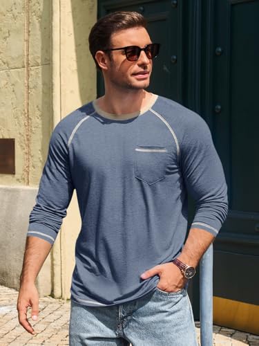 Runcati Mens Crewneck Shirts Long Sleeve Casual Basic T-Shirt Lightweight Vintage Tee Tops with Pocket2