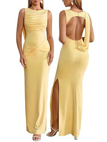 Parthea Women Wedding Guest Dress Bodycon Long Sleeveless Backless Side Slit Elegant Evening Party Cocktail Maxi Dresses