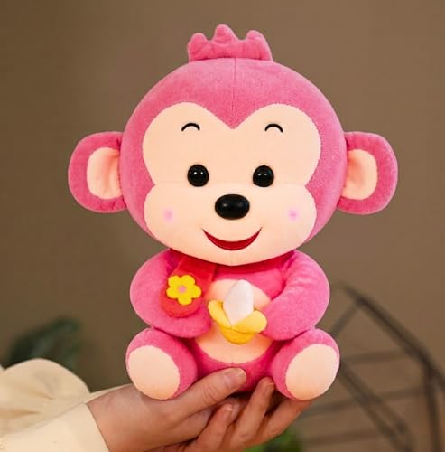 Image of Tickles Cute Smiling Muffler Monkey with Banana Soft Stuffed Plush Animal Toy for Kids Boys & Girls Birthday Gift (Size: 25 cm Color: Pink)