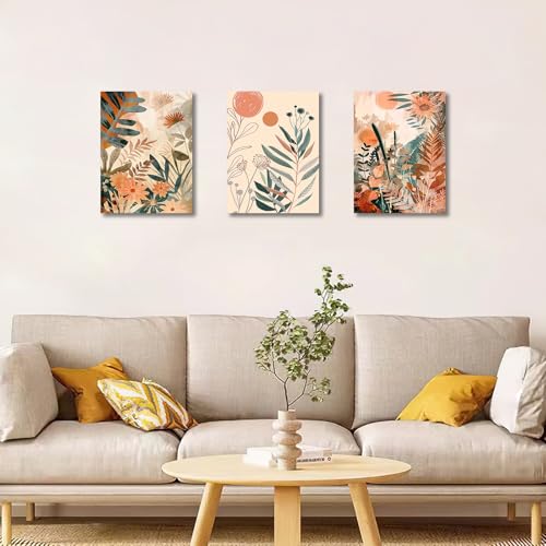FajerminArt 3Pcs Boho Orange Framed Canvas Wall Art, Abstract Leaves and Sun Nordic Minimalist Modern Plant Flower Wall Decor - Image 4