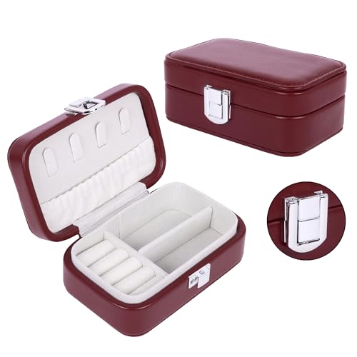 Image of BucketList PU Leather Jewellery Organizer Box with Ring Slots & Necklace Hooks | Compact Jewelry Storage Case with Secure Lock (Travel Jewellery Box Rectangular (Brown))