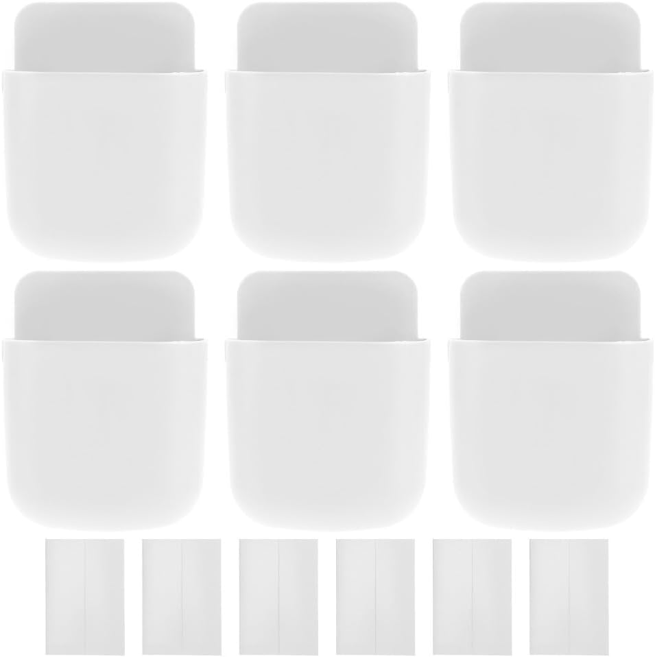 6 Pack Remote Control Holder, Wall Mounted Self Adhesive Storage Box for Phone Charging Home Office(White)