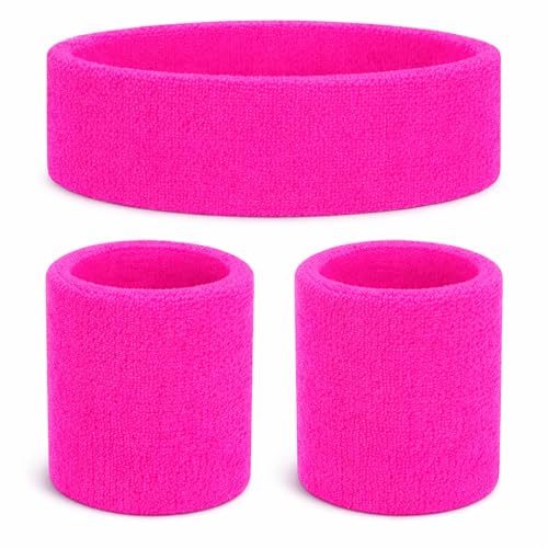 3 in 1 Schweißband pink Set mit Stirnband - als Accessoire Vokuhila Kostüm zu Retro neon 80er 90er Outfit Fasching & Karneval