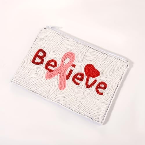 Image of Breast Cancer Awareness Beaded Coin Bag White Pink Believe Ribbon Cure Coin Purse Small Wallets Bead Clutch (Ribbon Believe)