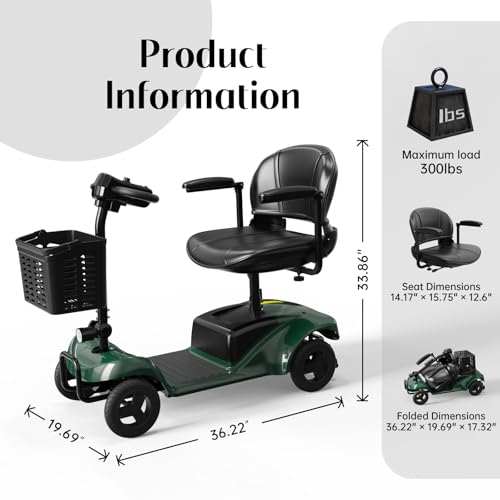Image of Mobility Scooter,4 Wheel Mobility Scooter,300LBS Capacity,Lightweight and Portable,with LED Headlights and Basket,Charger Included,Gifts Suitable for Elders,Green