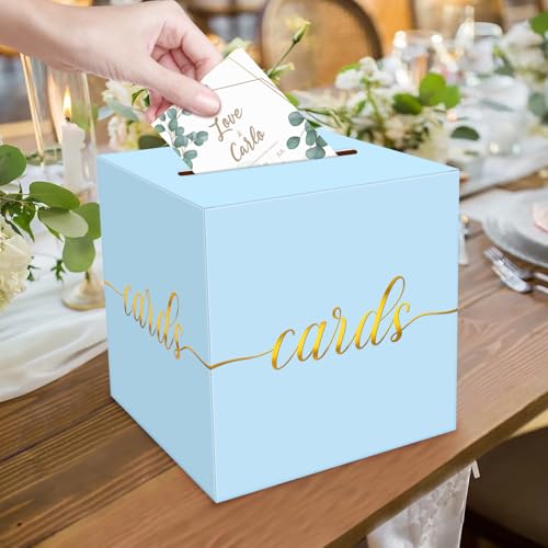 Image of 1 Pack Light Blue and Gold Foil Card Box for Party, 8.7 inch Light Blue Money Box for Birthday, Wedding, Baby Shower, Retirement, Anniversary, Bridal Shower, Raffle Ticket