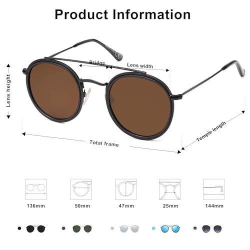 SOJOS Retro Vintage Round Polarized Sunglasses for Women Men Small Double Bridge Circle Sunnies SJ11044