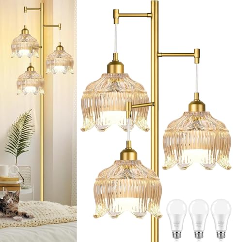 ILLMTW Gold Floor Lamp for Living Room,Bedroom,Mid Century Modern Standing Lamp Brass Tree 3 Light Tall Floor Lamps Vintage Retro Floor Lights Glass Amber Flower Lamp Shade Farmhouse Boho Bohemian