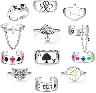 Dochais 12 PCS Butterfly Chunky Knuckle Ace Rings Punk Unisex Rings Finger Gothic Rings Women Set Cool Silver Open Adjustable Goth Stackable Rings Jewellery