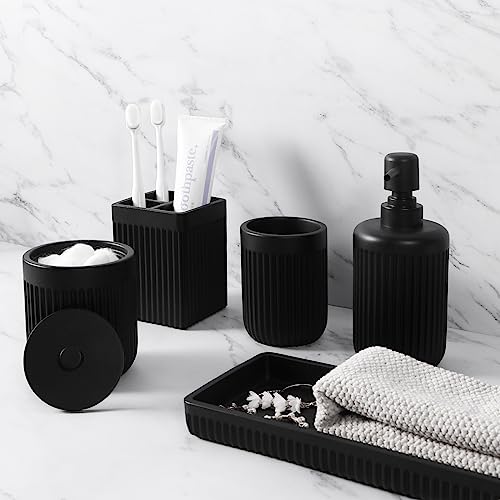 XLHOMO Resin Matte Black Bathroom Accessories Set 5 Pcs, Lotion Soap Dispenser, Toothbrush Holder, Bathroom Tumbler, Qtip Holder and Vanity Tray, Bathroom Countertop Organizer Set for Home Apartment