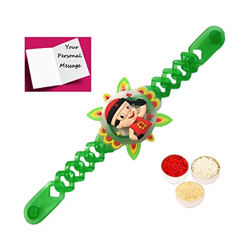 Velour Shoppe Mighty Raju Cartoon Led Rakhi For Brother Little Bhaiya,Roli Chawal Mishri Pack With Personal Message For Your Small Chota Bhai