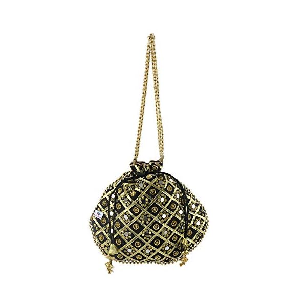 Heart Home Silk Traditional Mirror Work Clutch Potli Batwa Pouch Bag for Women/Girls (Black)-HEART11479 - Image 3