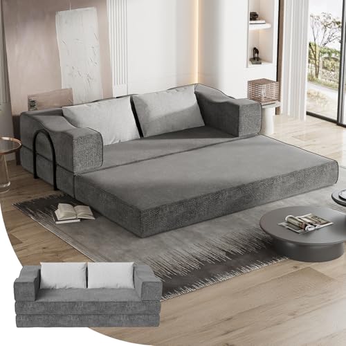 CAPCAEK 4-in-1 DIY Floding Out Futon Couch, King Size Convertible Sleeper Sofa Bed, Chenille Modular Sectional Sofa with Fixed-Shape Frame, Floor Daybed for Living Room Furniture
