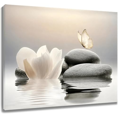 Toile murale zen fleurs blanches et papillon sur pierre 50x70