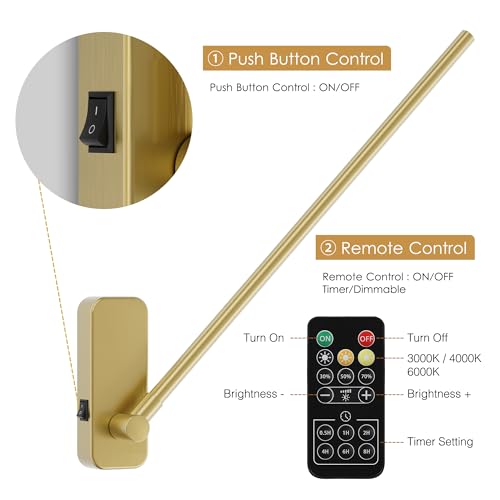 Image of Aipsun Battery Operated Wall Sconces,Wireless Wall Light with Remote Control Rechargeable Gold Battery Wall Sconce 350Rotate,Dimmable LED Wall Lights for Living Room,Bedroom (3000K&4000K&6000K)