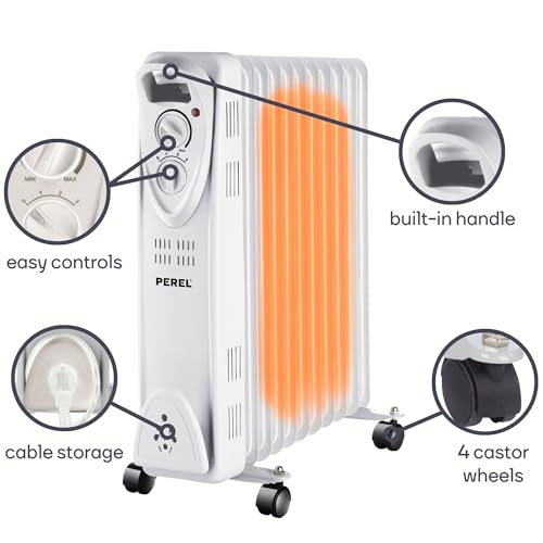 Perel Radiador de aceite de 2500W con 11 elementos, 3 niveles de calor, termostato ajustable, asa, ruedas, protección contra sobrecalentamiento y vuelco, calefactor portátil, silencioso y eficiente - imagen 5