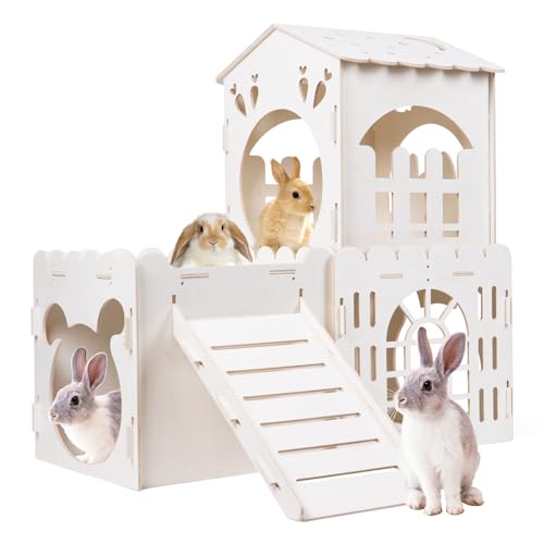 Large Rabbit House Wooden Bunny Castle with 3 Houses Indoor Rabbit Guinea Pig Cage Multistory Climbing Tower Sturdy Wooden Castle Small Animal Hideaway Tunnel