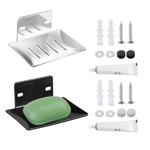 ZBHDEYG Soporte de jabón de 2 piezas, acero inoxidable, plateado, negro, montaje en pared, multifuncional, para baño y cocina