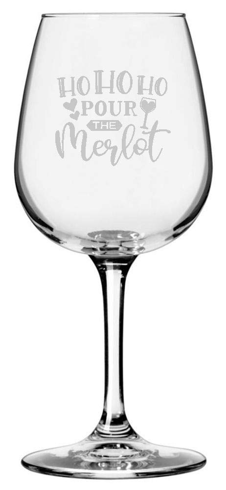 Etched Laser Art Merry Christmas Themed 12.75oz Wine Glass (Ho HO Ho Pour The Merlot)