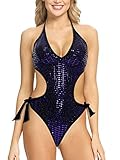 Modihito Women Side Cutout Tie Backless One Piece Swimsuit Monokini, LGA20173, Blue, S