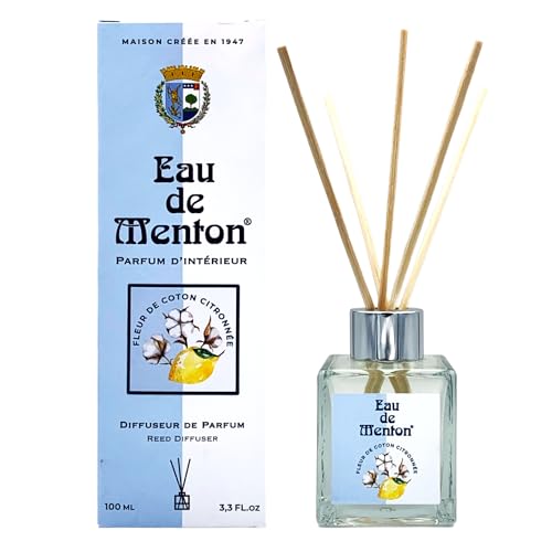 Prestige de Menton - Difusor de perfume de ambiente, 100 ml, flor de algodón y limón, 93,7% natural y vegano - Difusor de palos para casa suave y refrescante
