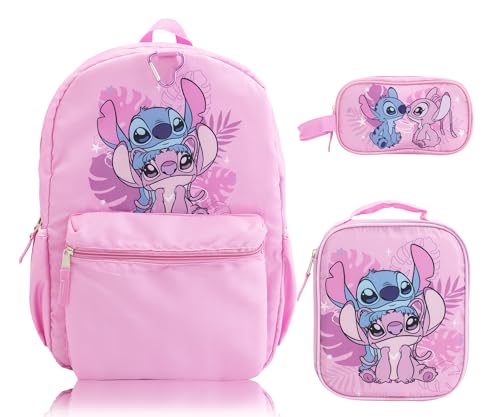 Disney Lilo and Stitch Conjunto de mochila para meninas | Bolsa de livros Stitch and Angel com lancheira, estojo com zíper e mosquetão | Mochila escolar infantil | A partir de 3 anos